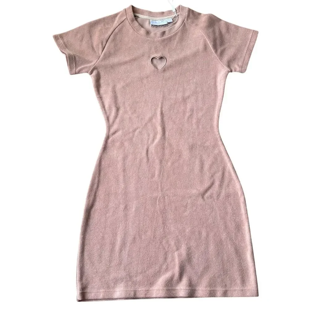 Saski Pink Blush Sweetheart Cut Out Terry Cloth Mini Dress Size XS NWOT - Picture 3 of 12